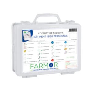 Coffret BÂTIMENT 15/20 personnes (FAR 2046 PP) en Polypropylène. Grâce à sa composition réalisée selon les préconisations de l’OPPBTP, ce coffret de secours BÂTIMENT 15/20 personnes permet de soigner et de protéger. Toute notre gamme se compose d’éléments tel que pansements, dosettes de sérum physiologique stérile, etc…