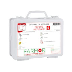iFarmor - Coffret de secours membre sectionné avec support mural et poignée. Il contient coussin hémostatique, pochette isotherme…