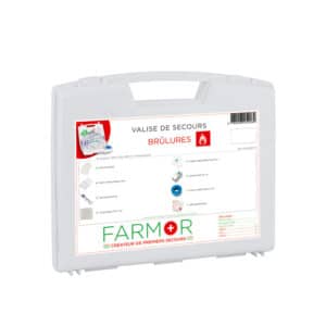 iFarmor - Valise de secours Brûlures qui contient des compresses Urgotul, du sérum physiologique ainsi qu’un feuillet schématisé