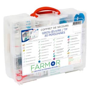 Coffret GROS ŒUVRE/TP 30 personnes (FAR 4040 GO) en Polypropylène. Grâce à sa composition réalisée selon les préconisations de l’OPPBTP, ce coffret de secours GROS ŒUVRE/TP 30 personnes permet de soigner et de protéger. Toute notre gamme se compose d’éléments tel que pansements, rouleau de sparadrap, sachets de crème réparatrice des brûlures et gerçures, ainsi qu’une couverture de survie.