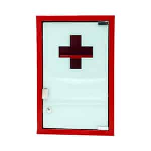 iFarmor - Armoire à pharmacie rouge avec une porte en verre trempée blanche, 2 étagères et livrée 2 clés numérotées