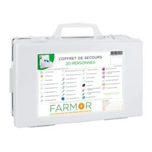 iFarmor - Coffret de secours multirisques 20 personnes, permettant de soigner. Il contient pulvérisateur de solution nettoyante, compresses de lotion asséchante.