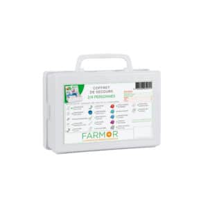 iFarmor - Coffret de secours 2/4 personnes compact avec support mural et poignée. Contient bandes extensibles, sérum physiologique ...