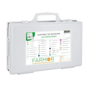 iFarmor - Coffret de secours multirisques 20 personnes, permettant de soigner. Il contient pulvérisateur de solution nettoyante, bandes de crêpes.