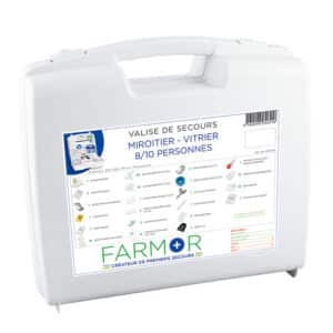 iFarmor - Valise de secours MIROITIER/VITRIER 8/10 personnes permettant de soigner & protéger. Elle contient coussin hémostatique, œillères operculées...
