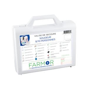 iFarmor - Valise de secours Soudeur 8/10 personnes permettant de soigner. Elle contient des dosettes de sérum physiologique, œillères operculées...