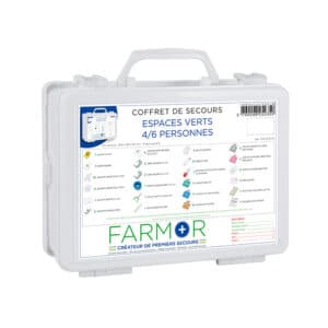 iFarmor - Coffret de secours ESPACES VERTS 4/6 personnes permettant de soigner. Il contient des compresses d’alcool, des mèches hémostatiques, livret premiers soins.